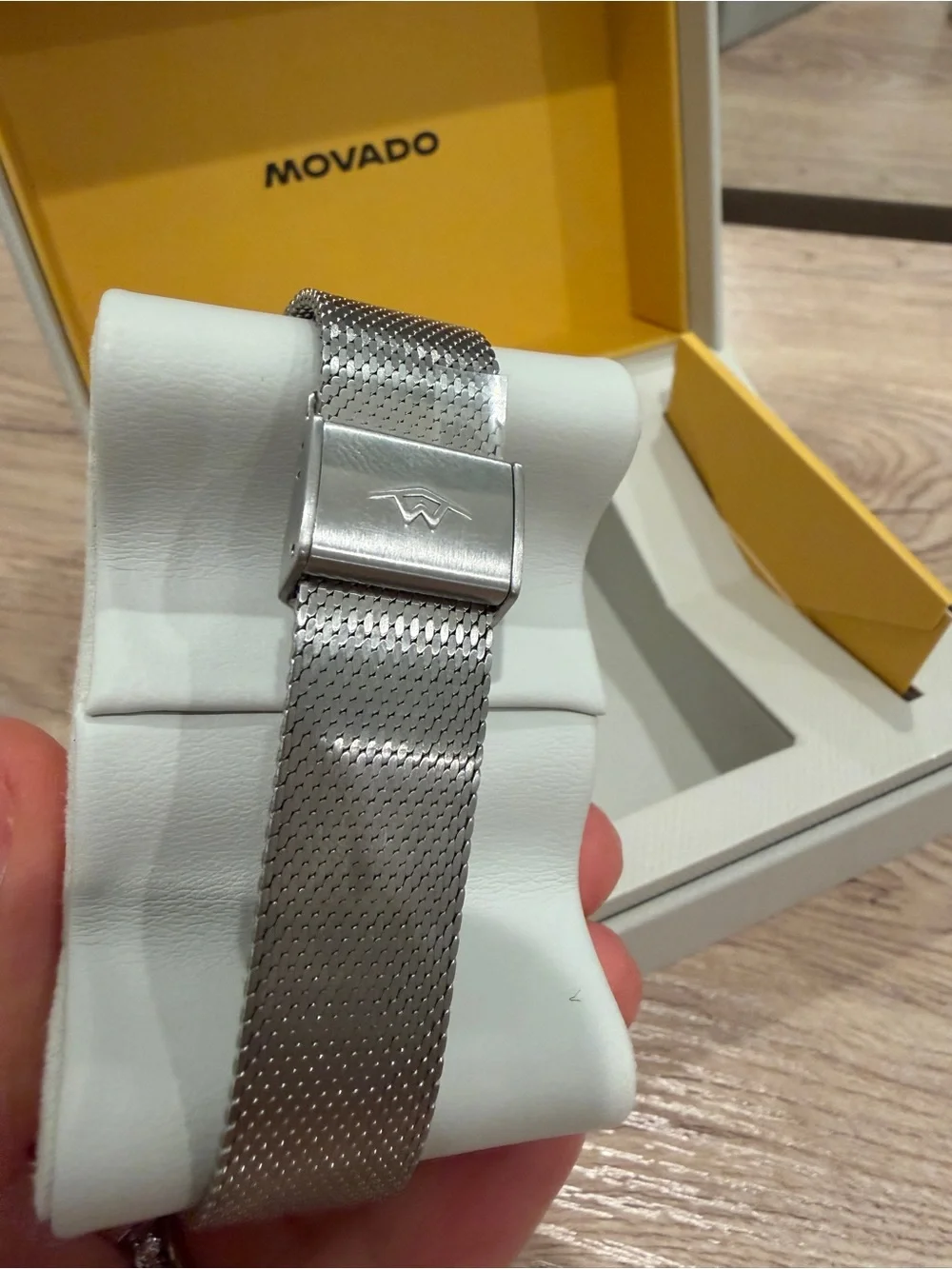 Movado Silver Watch with Green Dial and Mesh Bracelet